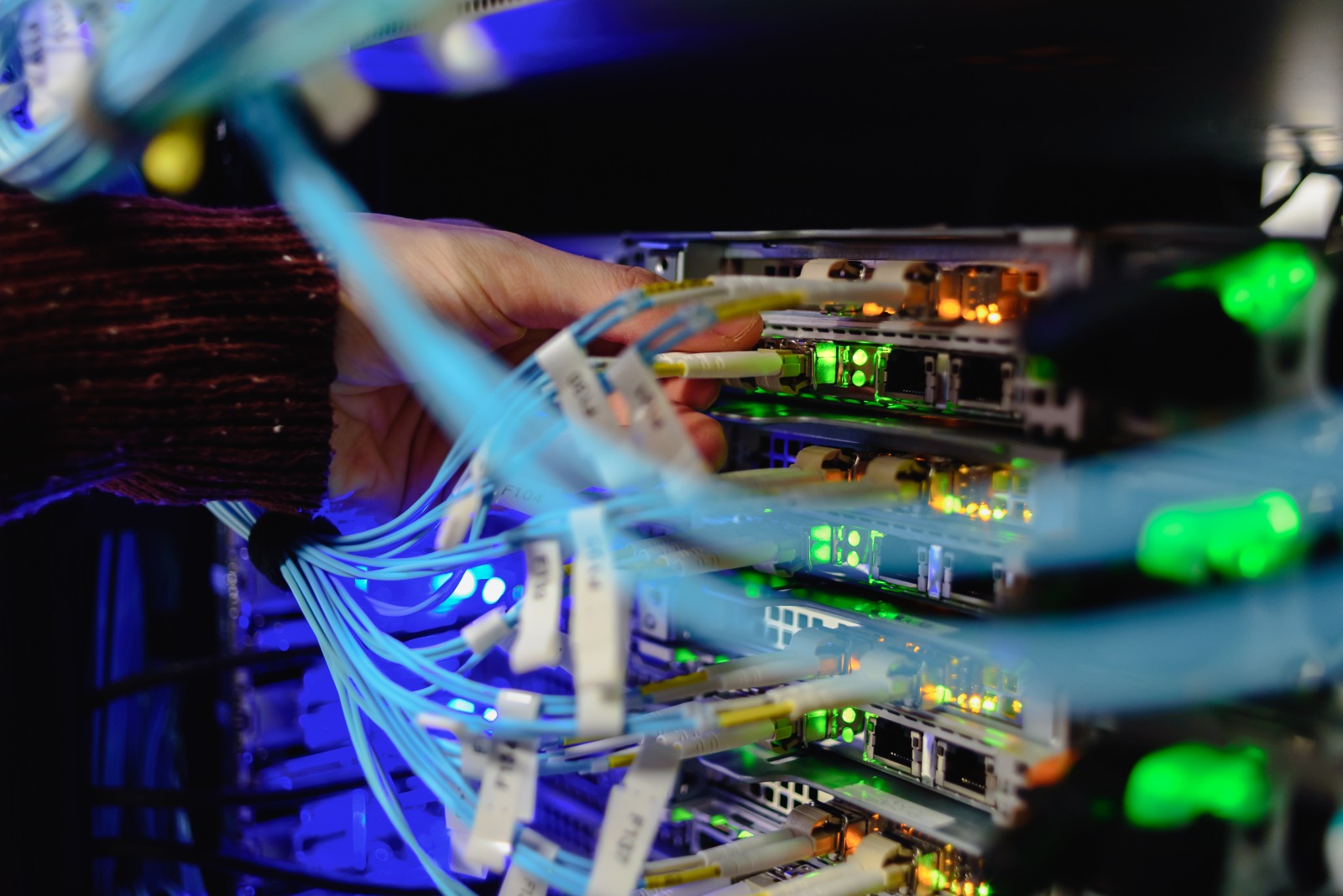 Equipo de red y cables de fibra óptica